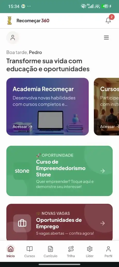 Tela do aplicativo Recomeçar 360